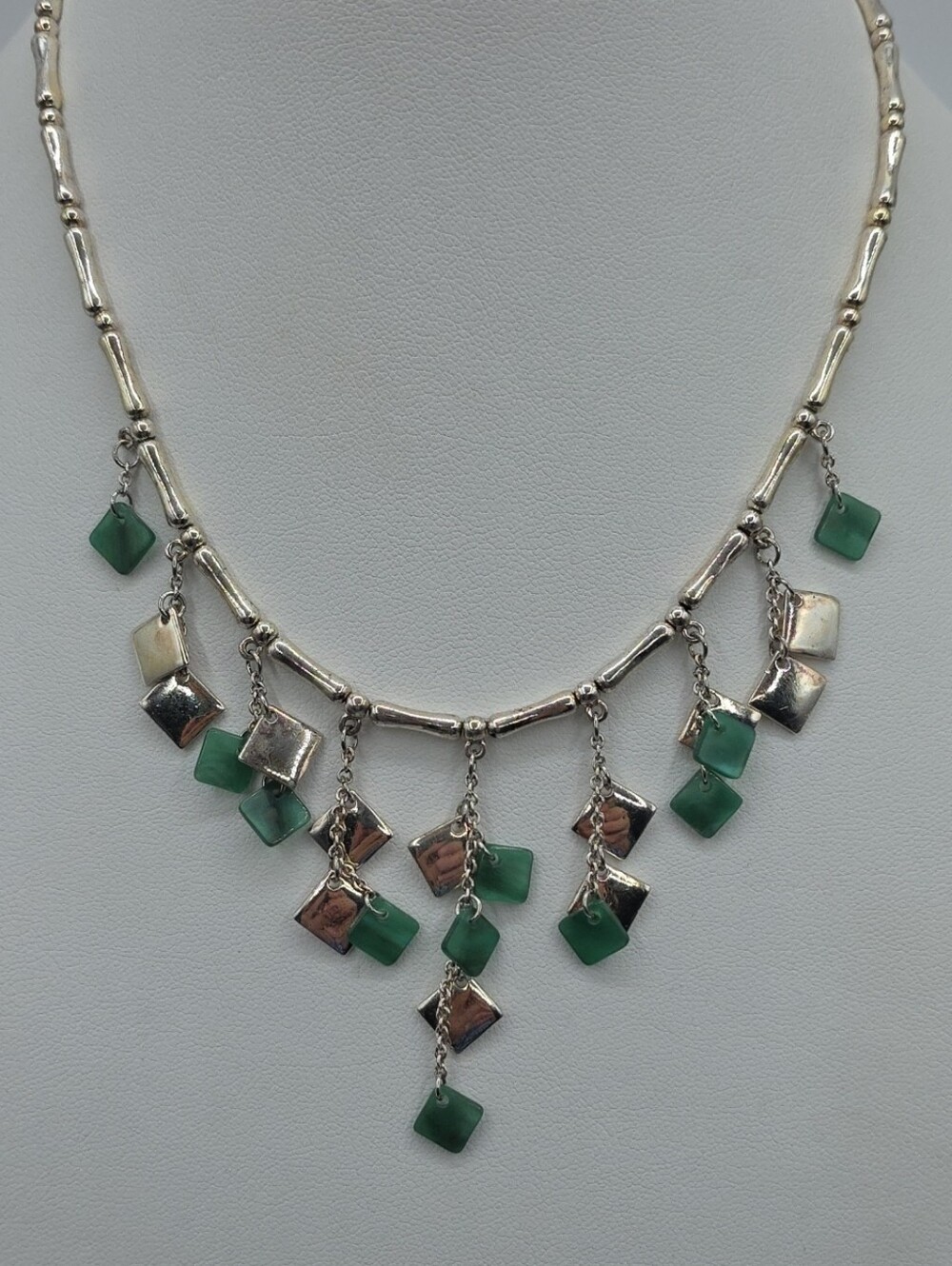 Xiomara Castro Silver Plated Necklace Green Shell & Silver Square Dangles